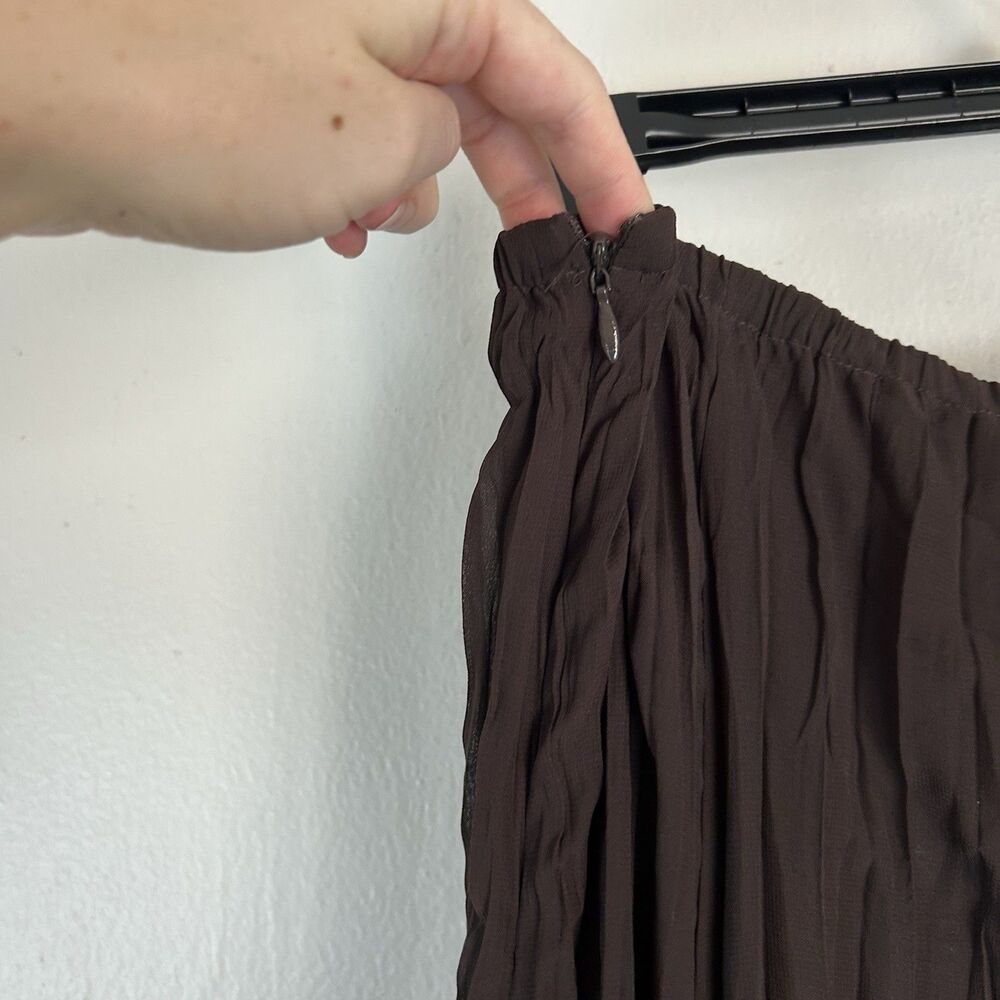 Size L Brown Fairy Grunge Skirt Midi Lace Hem Crinkle Crepe Pleated Chocolate - Picture 5 of 5